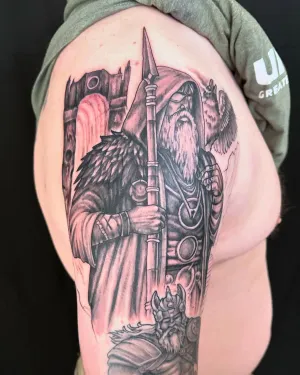 Black and grey armoured knight holding a spear on an upper arm — by Adam Crane