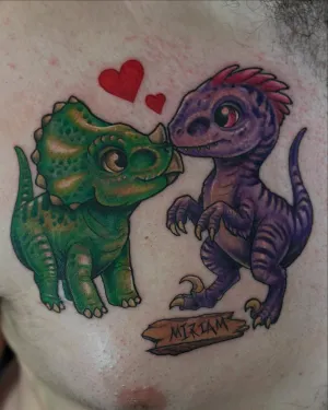 Colour cartoon dinosaurs with love hearts and a name banner on a chest — by Adam Crane