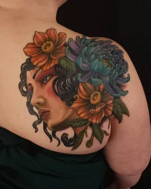 Neo-traditional portrait of a woman crowned with sunflowers, on a shoulder — by Adam Crane