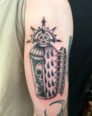 American traditional skeleton knight in armour on an upper arm — by Chay Menke