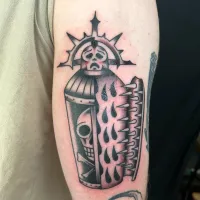 American traditional skeleton knight in armour on an upper arm — by Chay Menke