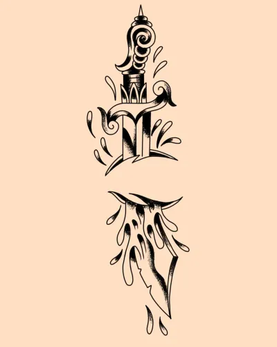 American traditional flash of an ornate dagger and banner — by Chay Menke at Ministry Ink