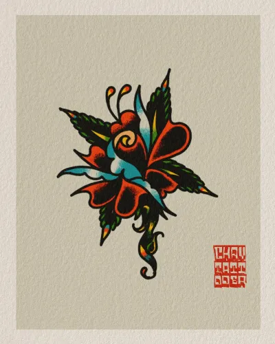 American traditional flash of a rose with red and green foliage — by Chay Menke at Ministry Ink