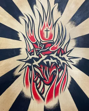 American traditional flash of a flaming sacred heart with a cross — by Chay Menke