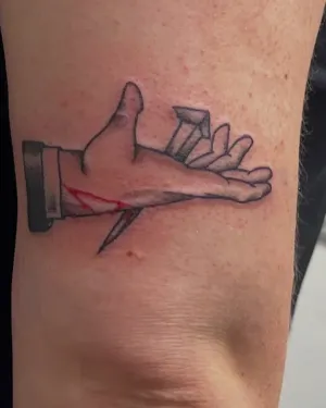 Fine line hand gesture outline on an inner arm — by Gabriel Gonzalez