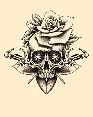 Black and grey flash of a skull crowned with a rose — by Gabriel Gonzalez