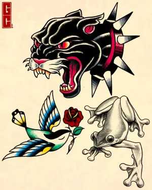 Colour traditional flash of a black panther, swallow and frog — by Gabriel Gonzalez
