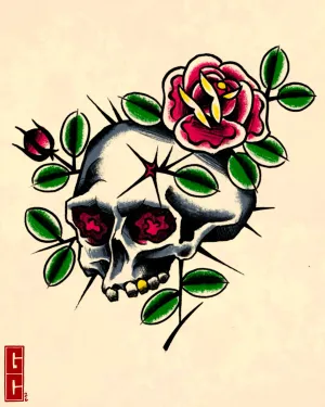 Colour traditional flash of a skull wrapped in roses — by Gabriel Gonzalez